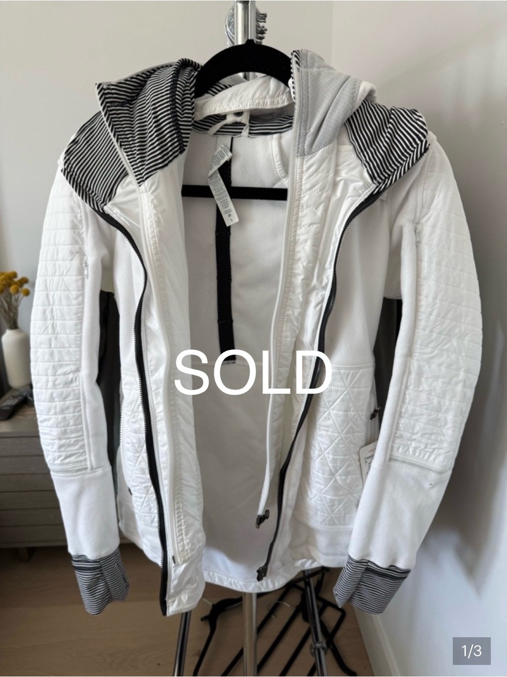 lululemon athletica White Quilted Hooded Performance Jacket with Black Trim